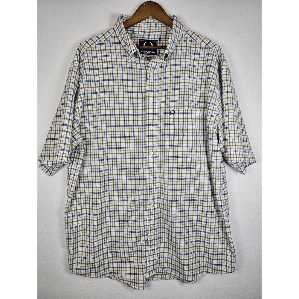 Western Cinch Plaid Button Down Shirt Mens XXL White Blue Tan Short Sleeve